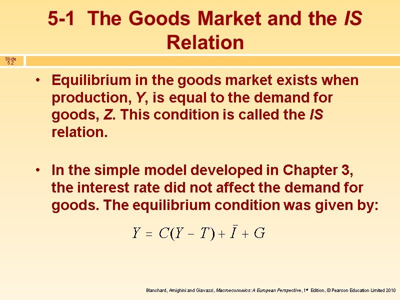 Equilibrium in the goods market exists when production, Y, is equal to the demand